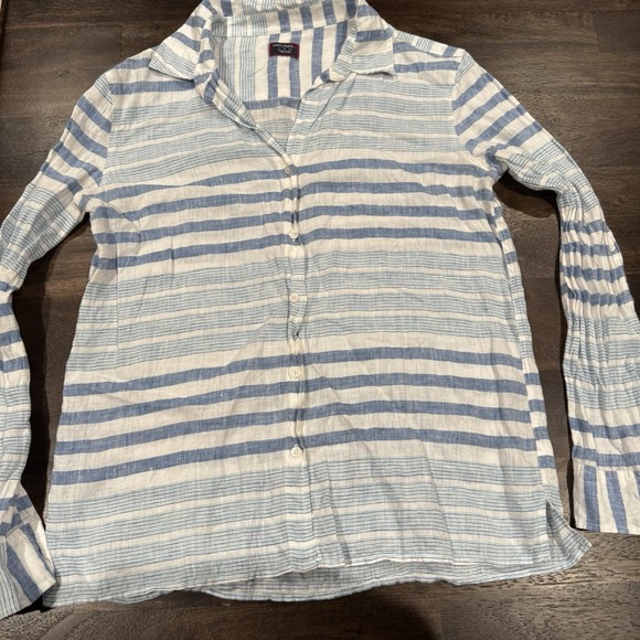 UNTUCKit Tops - UNTUCKit Linen Blouse Women's White Blue Stripe Vietti Minimalist Size 10 *Flaw